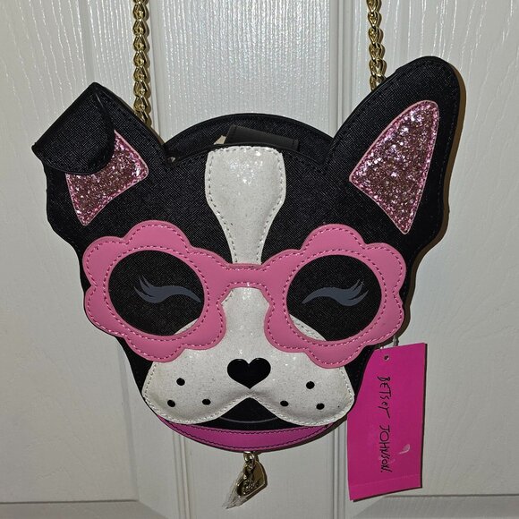 NWT BETSEY JOHNSON Puppy In Sunglasses Black & Pink Dog Glitter Crossbody - Picture 2 of 3